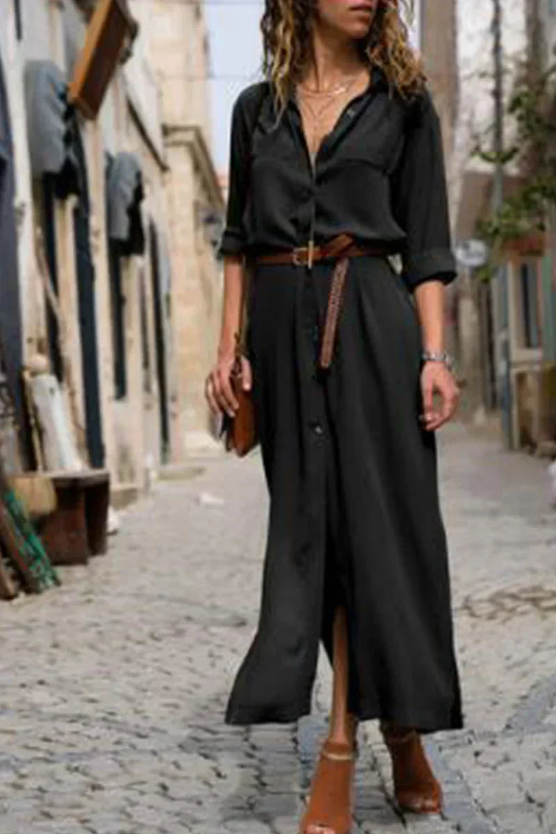 ER | Abito camicia casual con colletto risvoltato e patchwork monocromatico