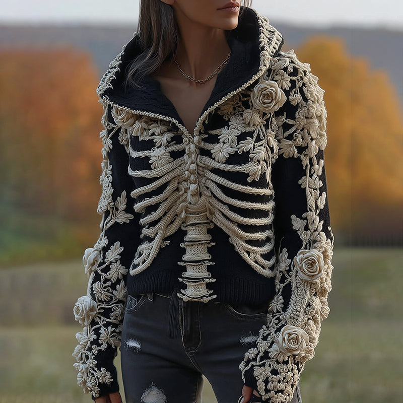 Women's  Halloween Skeleton Bones With Floral Art Knitted Warm Hooded Sweater artswardrobe