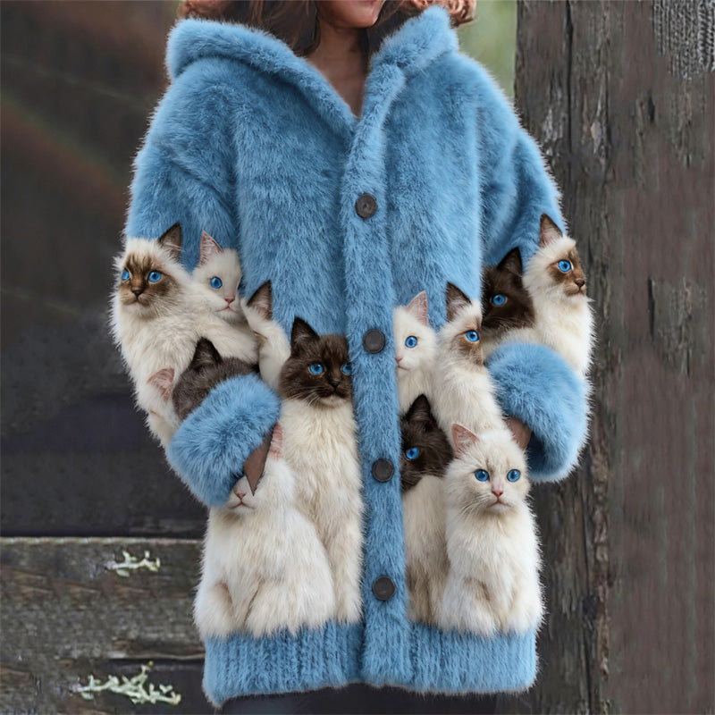 Cardigan in lana con stampa di gatti bianco e nero