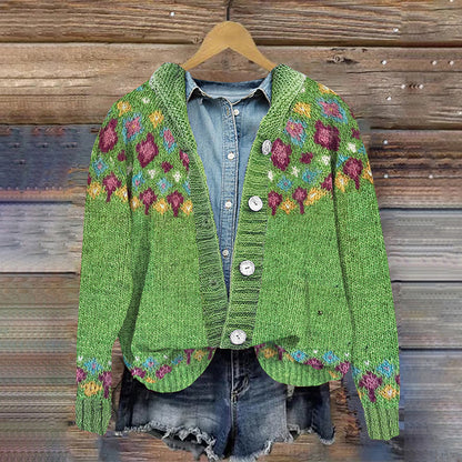 Retro Geometric Contrast Button Hooded Cardigan elevenforest