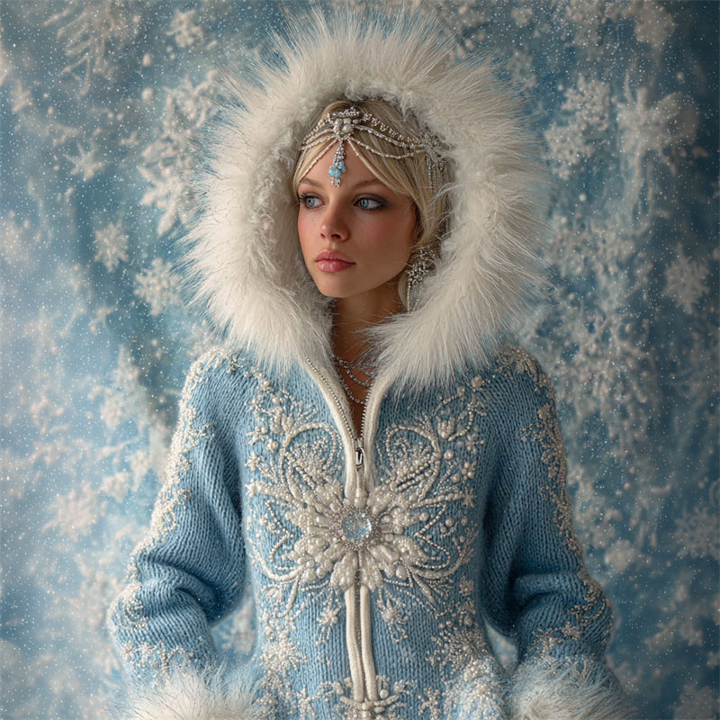 Christmas Snowflake Beaded Fur Trim Hooded Cozy Knit Full Zip Sweater artswardrobe