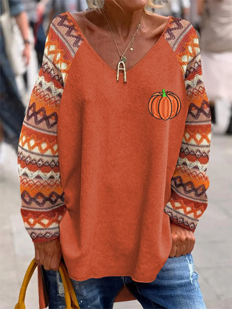 Women's Fall Retro Geometric Pumpkin V Neck T-Shirt artswardrobe