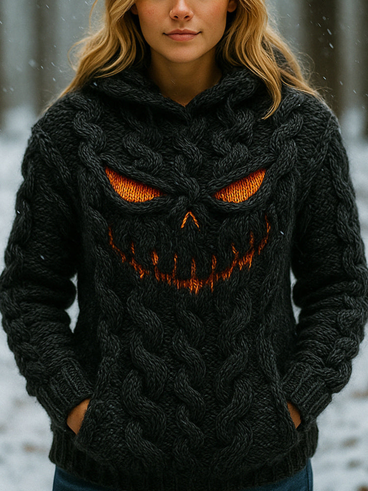 Halloween Evil Pumpkin Emoji Women's Chunky Knit Hooded Sweater artswardrobe