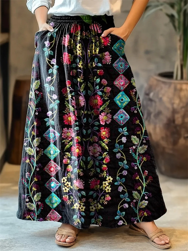 Women's Retro Floral Totem Art Print Cotton Skirt artswardrobe