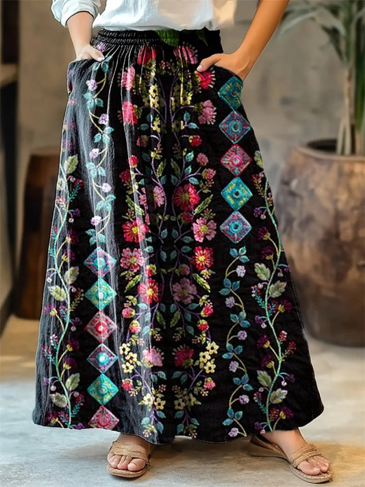 Women's Retro Floral Totem Art Print Cotton Skirt artswardrobe
