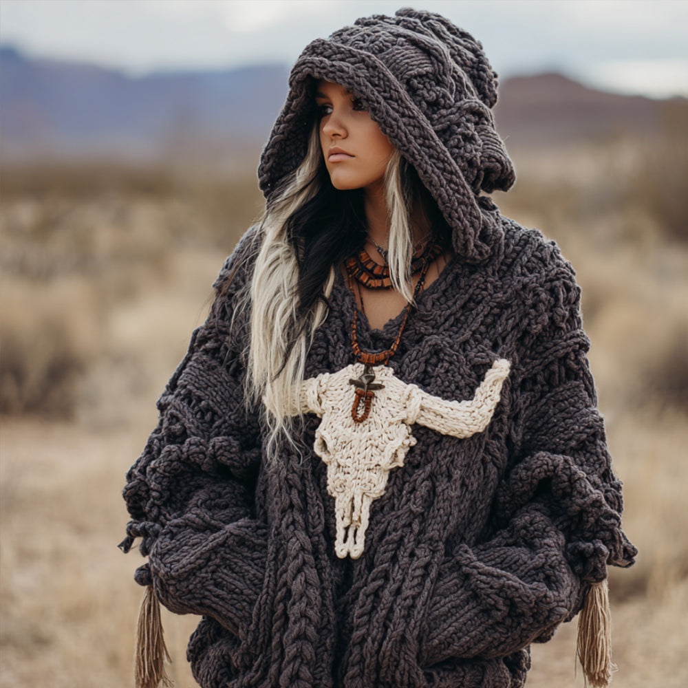 Women's Vintage Ox-head Embroidery Hooded Sweater artswardrobe