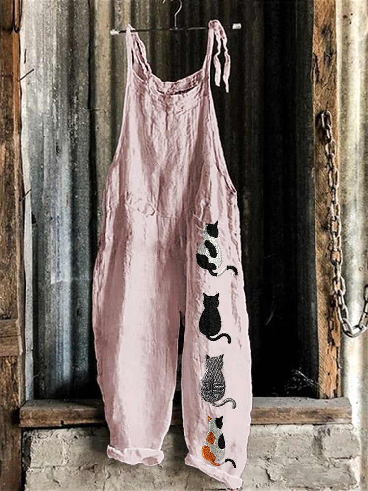 Cats Embroidery Pattern Linen Blend Casual Jumpsuit elevenforest