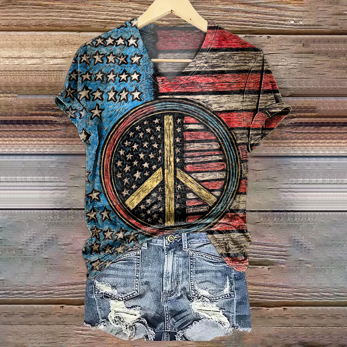 Women's Vintage Flag Hippie Pattern Art Print V-Neck Casual T-Shirt