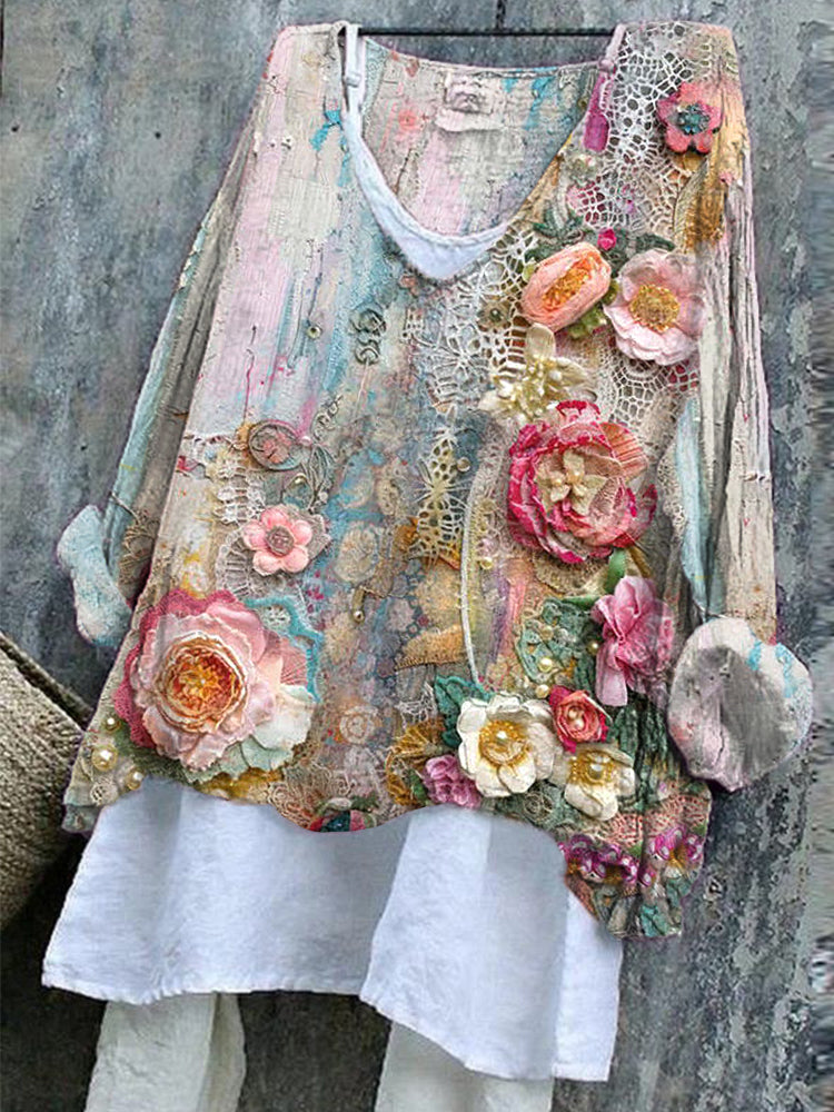 Comstylish Vintage Floral Lace Stitching Linen Blend V-Neck Shirt