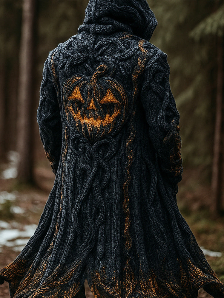 Halloween Pumpkin Emoji Men's Chunky Knit Hooded Long Cardigan elevenforest