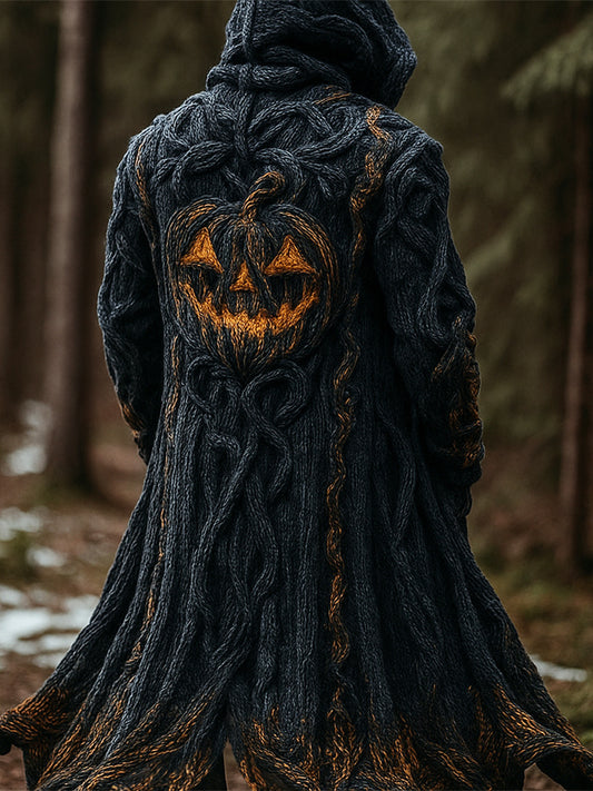 Halloween Pumpkin Emoji Men's Chunky Knit Hooded Long Cardigan elevenforest
