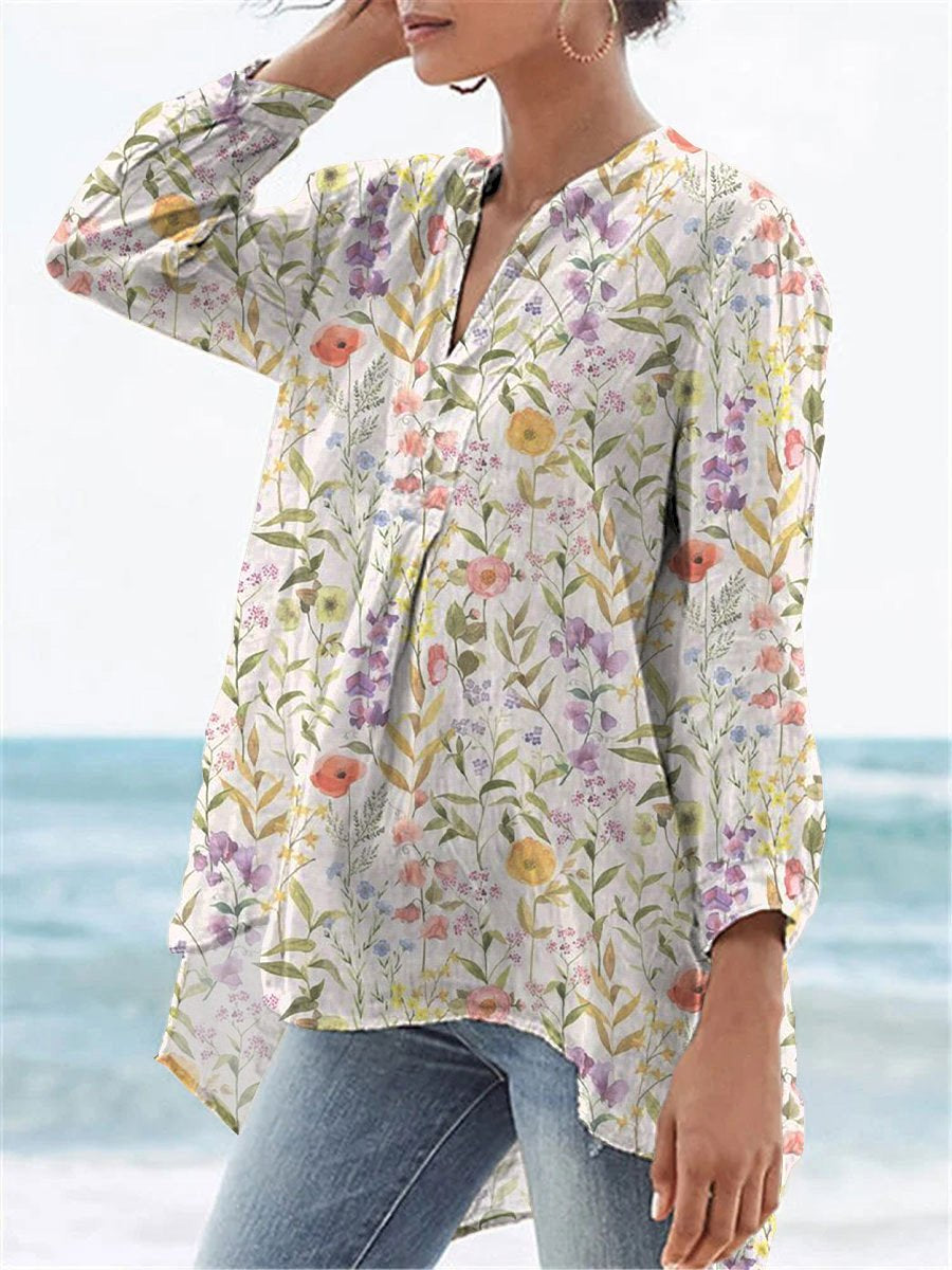 Watercolor Spring Field Pattern Printed Women's Casual Linen V-neck Shirt