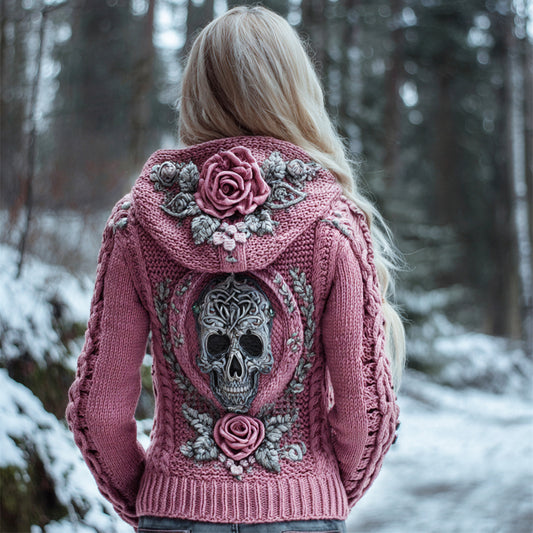 Viking Skull & Floral Knit Art Women's Hooded Sweater artswardrobe