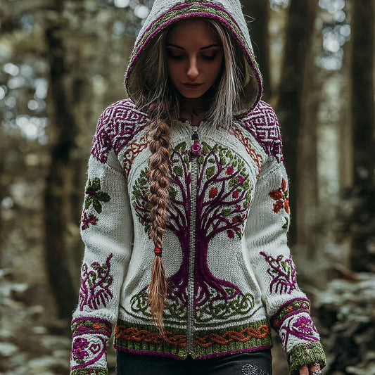 Comstylish Women's Vintage Viking Celtic Knot Tree Of Life Art Knit Zip-up Hooded Sweater
