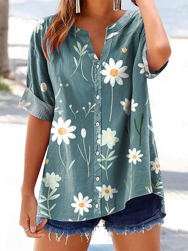 Women's Floral Pattern Art Print Cotton Linen Casual Shirt