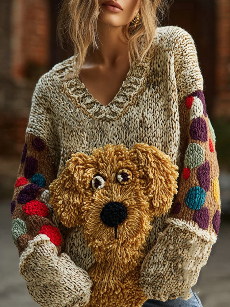 Comstylish Lady Retro Cute Dog Plush Comfortable Knitted Sweater.