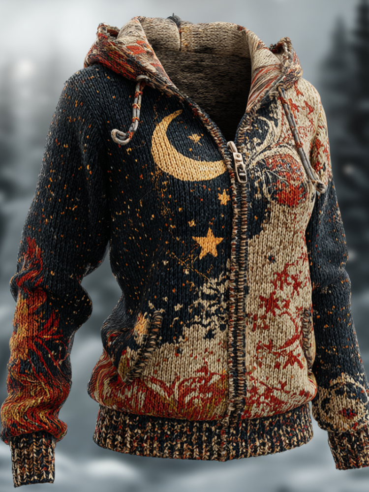 Ladies' Halloween Star And Moon Mythology Design Knit Hooded Cardigan Sweater Jacket artswardrobe