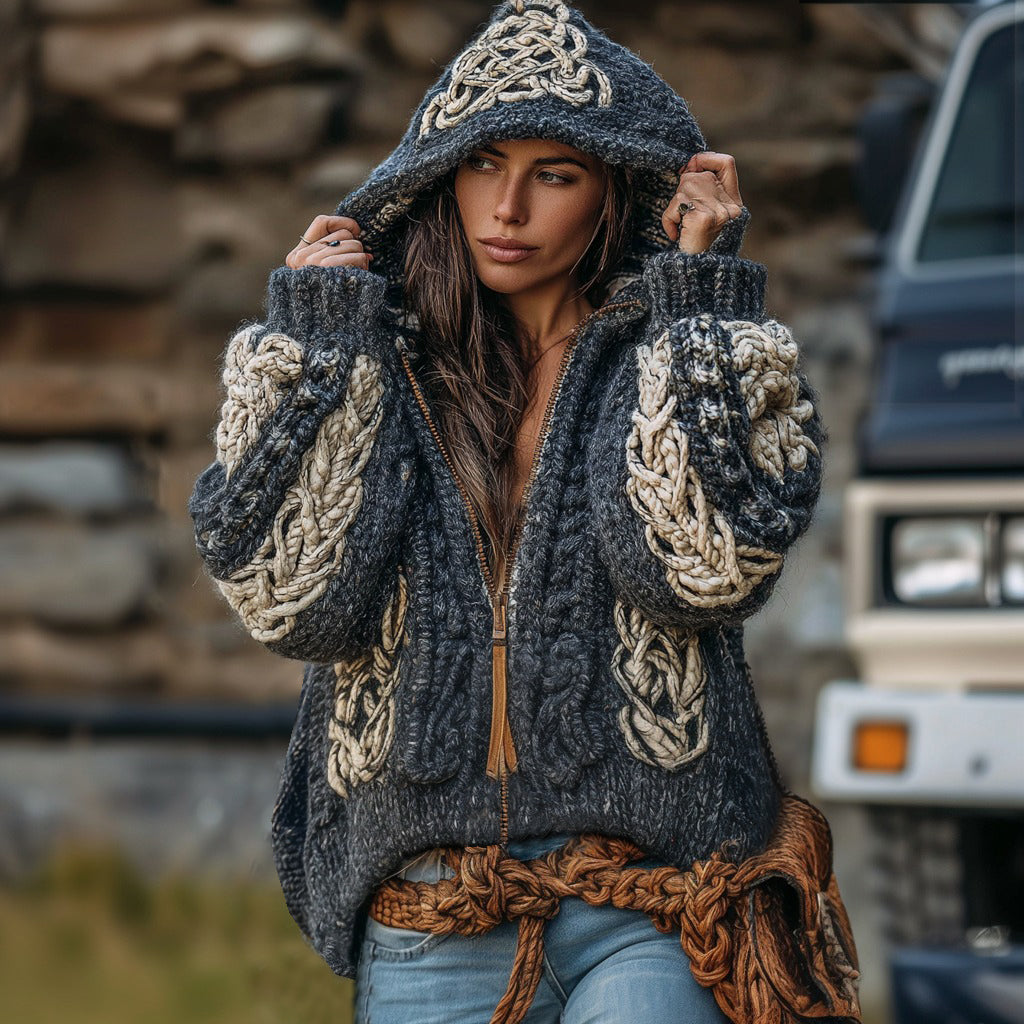 Women's Celtic Knot Jacquard Chunky Knit Contrast Zip Hooded Sweater artswardrobe