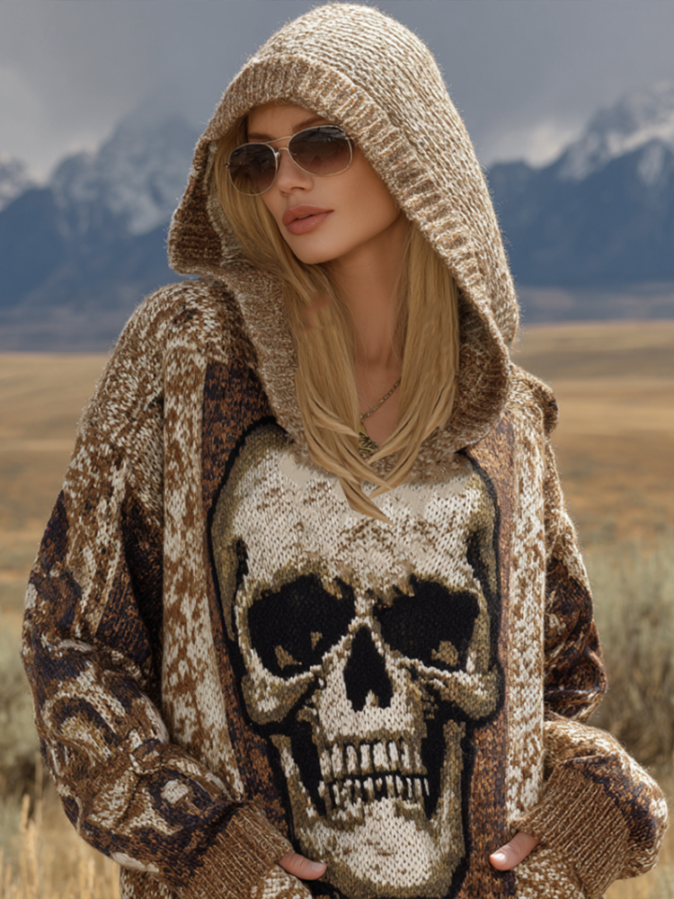 Halloween Skeleton Pattern Women's Hooded Knit Sweater artswardrobe