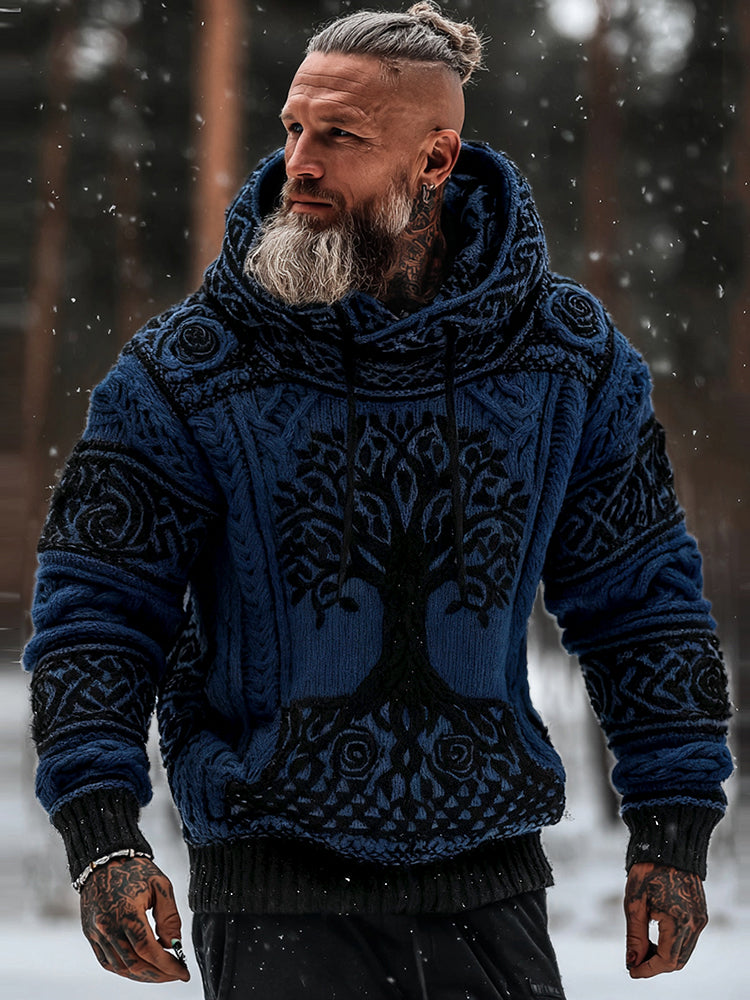 Men's Viking Tribal Jacquard Celtic With Rose And Tree Of Life Inspired Chunky Knit Hooded Sweater artswardrobe