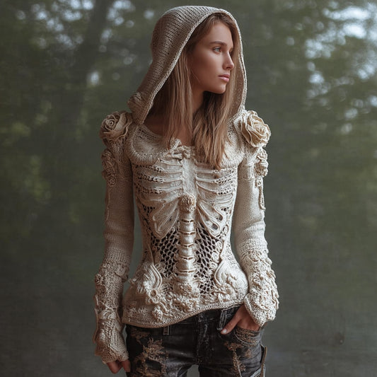 Women's Halloween Skeleton 3d Rose White Sweater artswardrobe