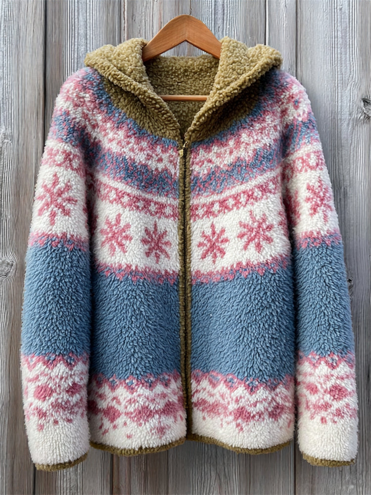 Vintage Snowflakes Fair Isle Cozy Hooded Fleece Jacket elevenforest
