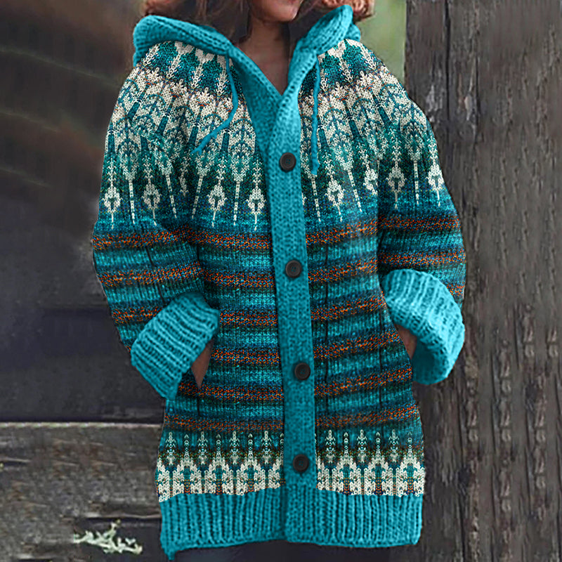 Vintage Fairman Island Geometric Print Hooded Sweater Cardigan elevenforest