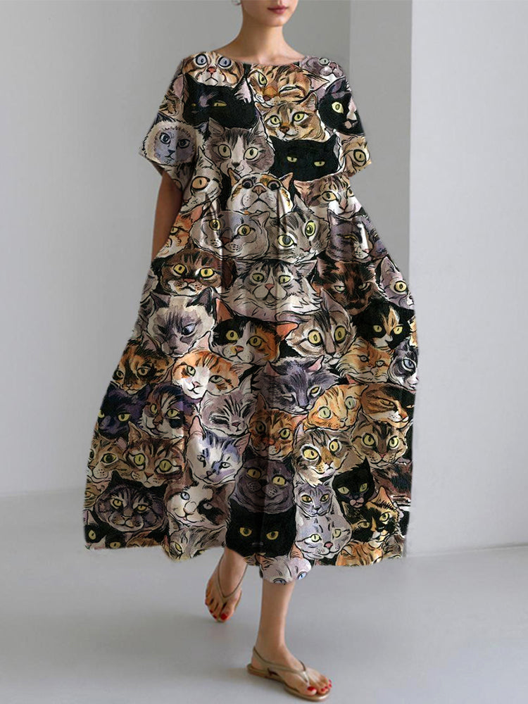 Women's Casual Vintage Farm Cats Print Dress elevenforest