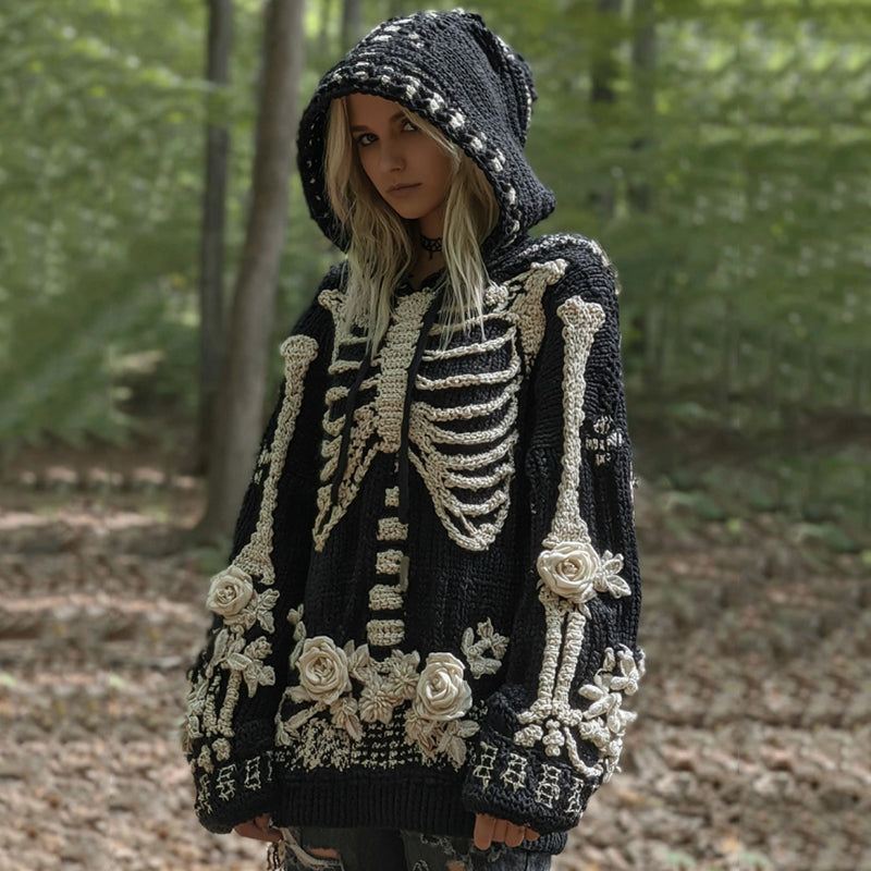 Halloween Skeleton Anatomy Floral Hooded Cozy Knit Sweater artswardrobe