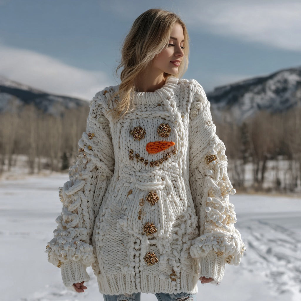 Women's Cute Christmas Snowman Face Knitted Jacquard Crew Neck Sweater artswardrobe