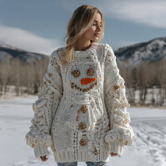 Women's Cute Christmas Snowman Face Knitted Jacquard Crew Neck Sweater artswardrobe