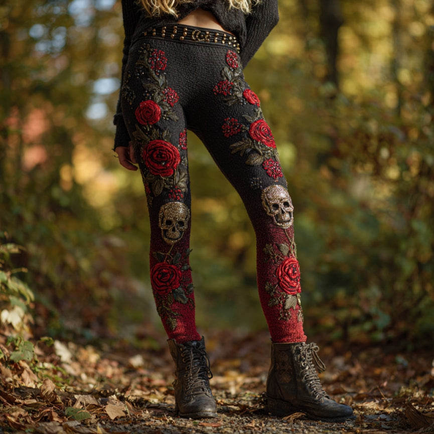 Women's Vintage Skull And Rose Pattern Comfortable Leggings artswardrobe