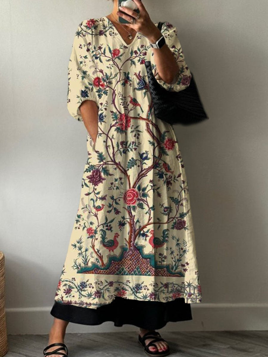 Women's Boho Vintage Floral Print Pocket V-neck Cotton Dress