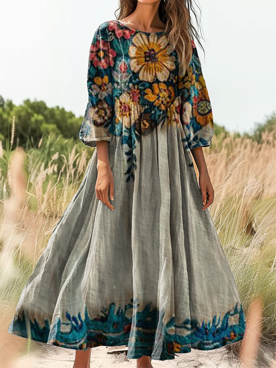 Women's Bohemian Floral Art Print Flowy Cotton Crew Neck Dress
