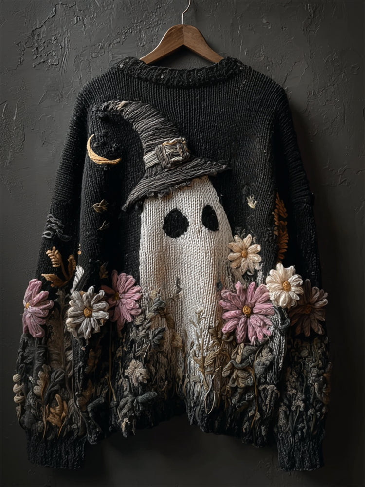 Halloween Lovely Witch Hat Ghost Floral Cozy Knit Sweater artswardrobe