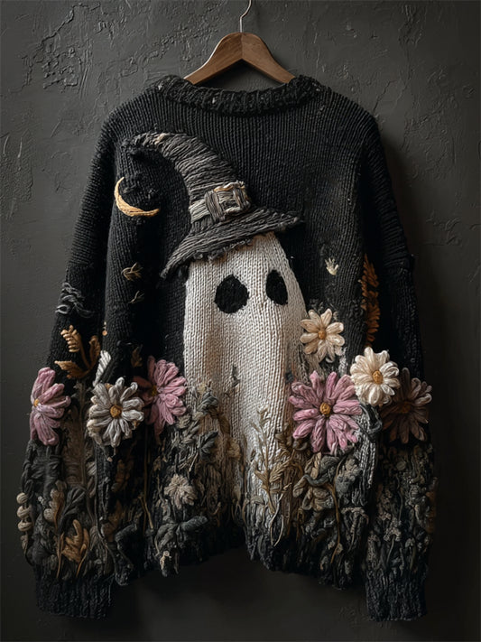 Halloween Lovely Witch Hat Ghost Floral Cozy Knit Sweater elevenforest
