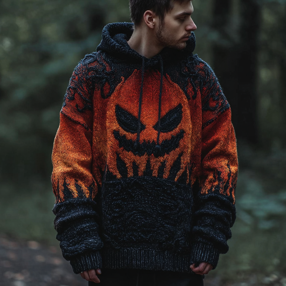 Halloween Pumpkin Element Gradient Color Men's Hooded Knit Sweater artswardrobe