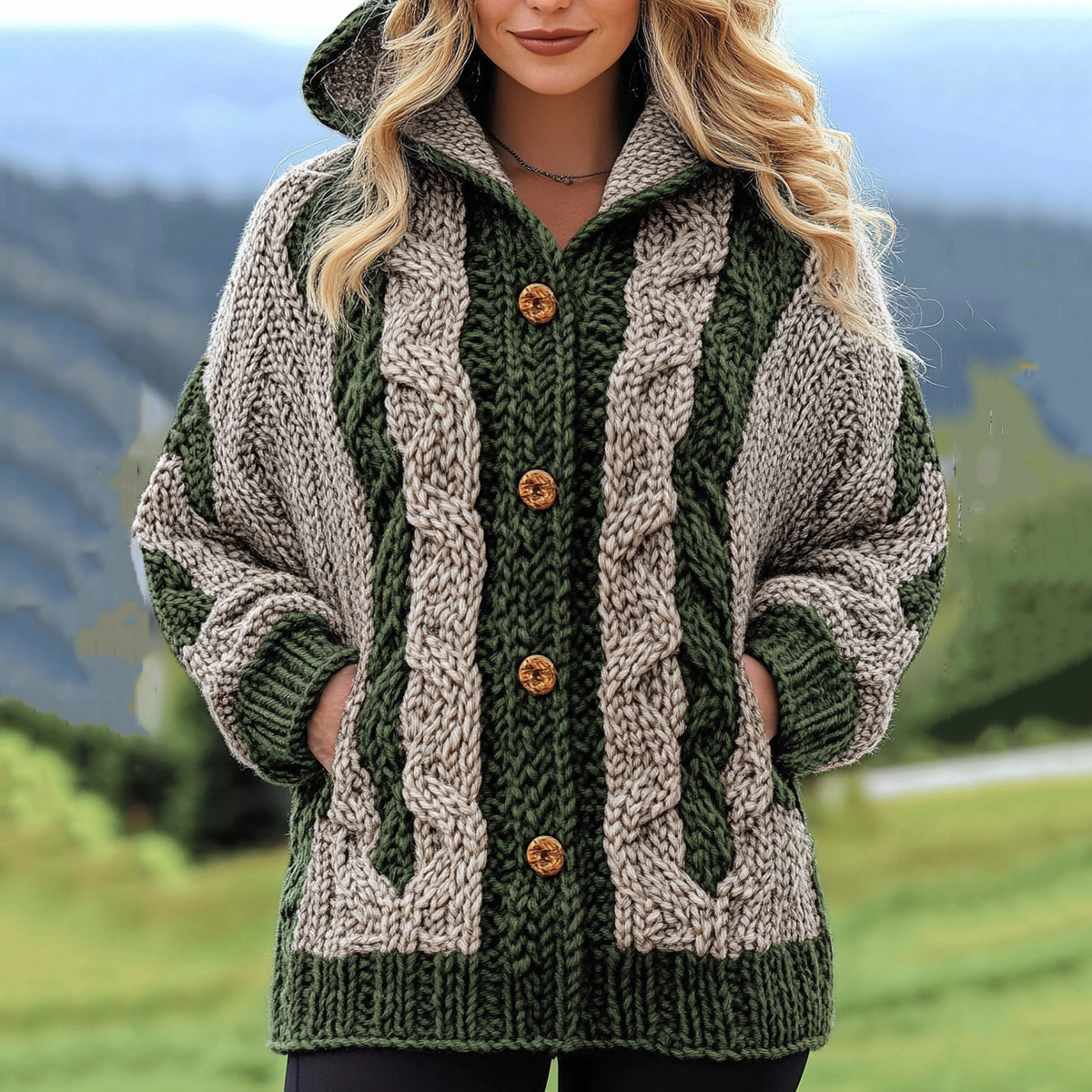 Women's Irish Jacquard Contrast Color Cozy Knit Sweater Hooded Cardigan artswardrobe