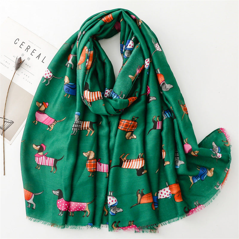 Comstylish Women's Cute Cartoon Dachshund Dog Print Raw Trim Shawl Scarf