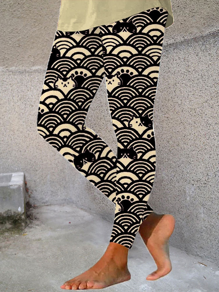Japanese Art Wave and Cat Print Casual Stretch Leggings elevenforest