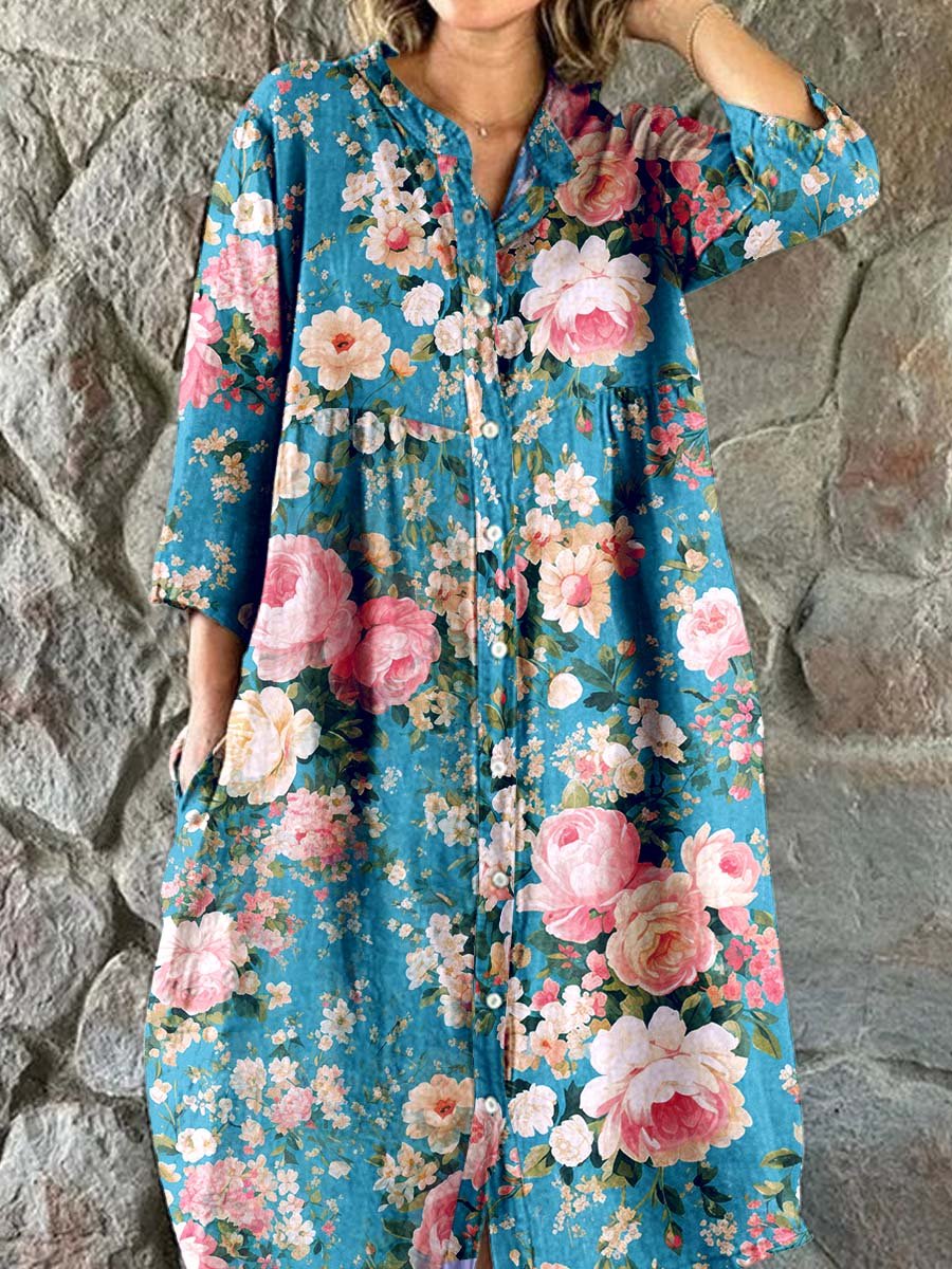 Women's Rose Floral Print Elegant Simple Cotton Shirt Dress