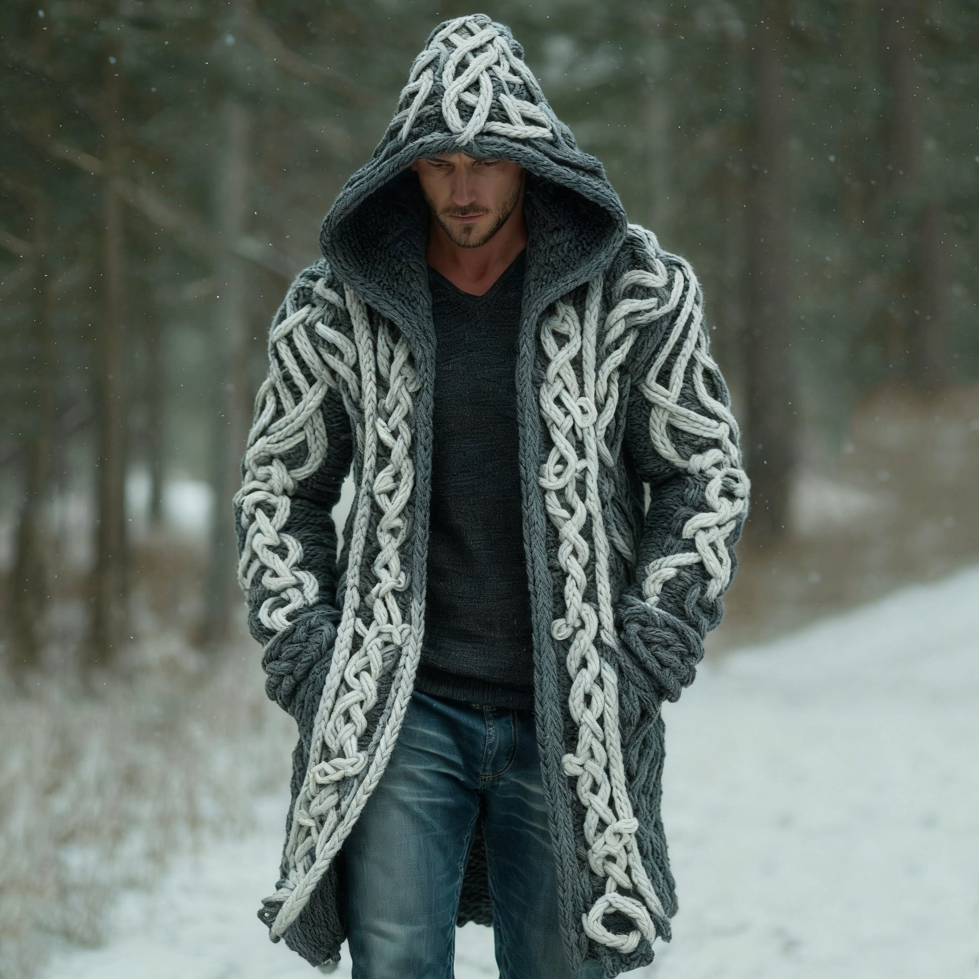 Men's Retro Contrast Celtic Knot Hooded Mid-length Cardigan Sweater artswardrobe