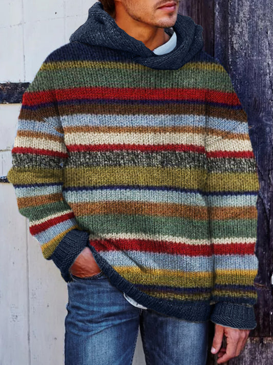 Men's Retro Colorful Striped Cozy Knit Hooded Sweater elevenforest