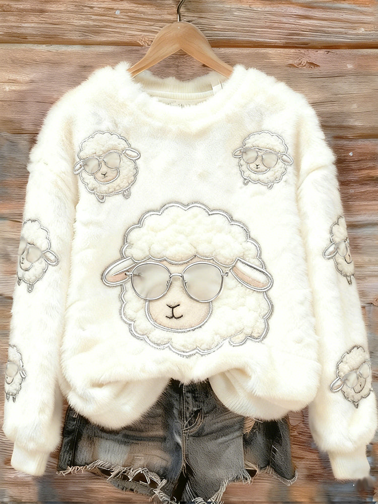 Comstylish Little Sheep Wearing Glasses Flannel Warm-up Sweatshirt