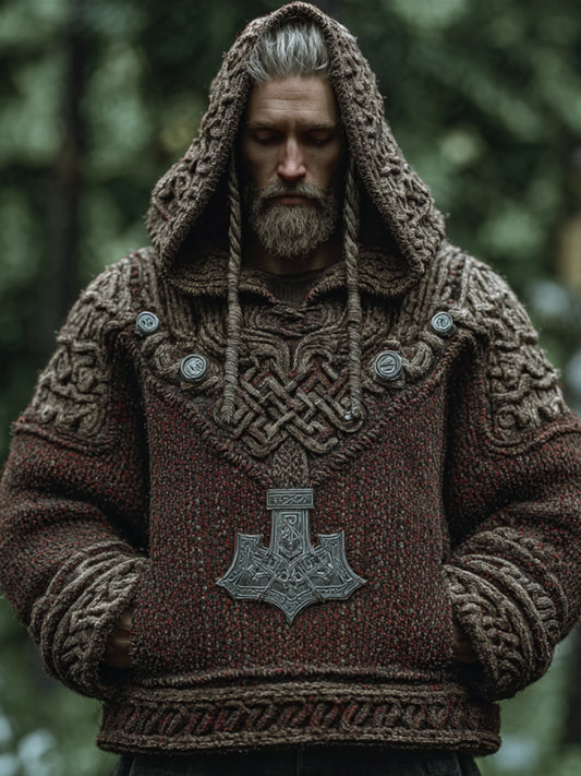 Men's Vintage Viking Celtic Knot Splicing Long-sleeved Hooded Sweater elevenforest