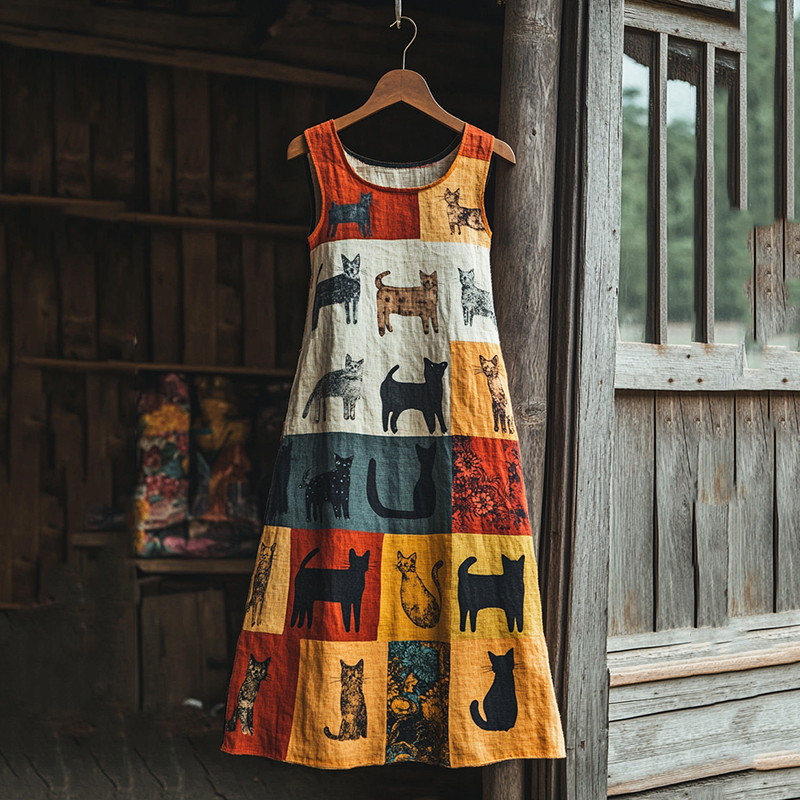 Pop Art Cute Cat Patchwork Design Cotton Linen Sling Dress elevenforest