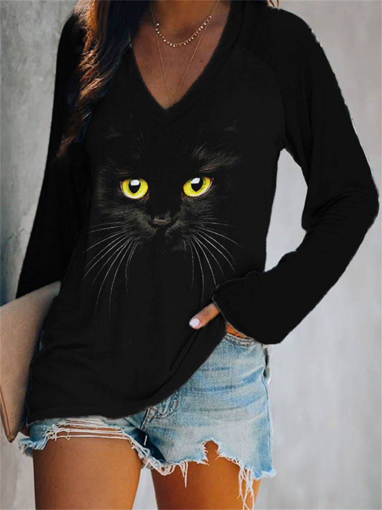Black Cat Face V Neck Comfy T Shirt elevenforest