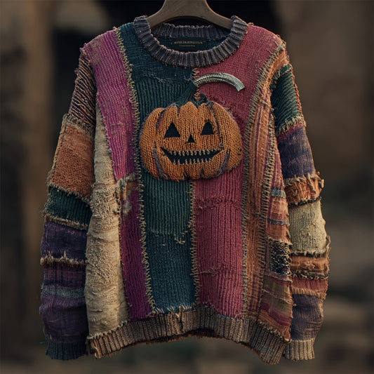 Halloween Pumpkin Face Embroidered Patchwork Knitted Sweater elevenforest