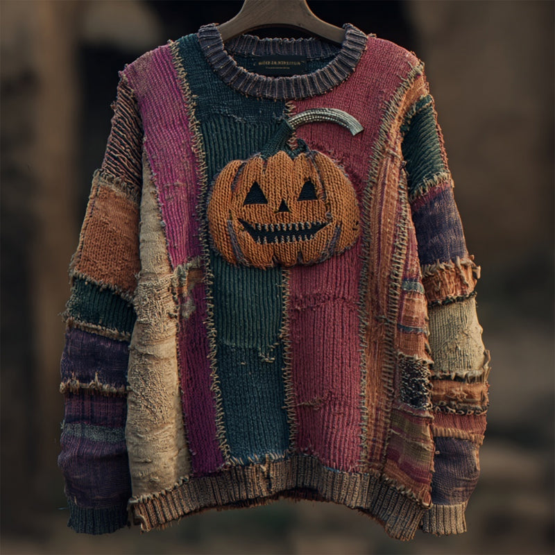 Halloween Pumpkin Face Embroidered Patchwork Knitted Sweater artswardrobe