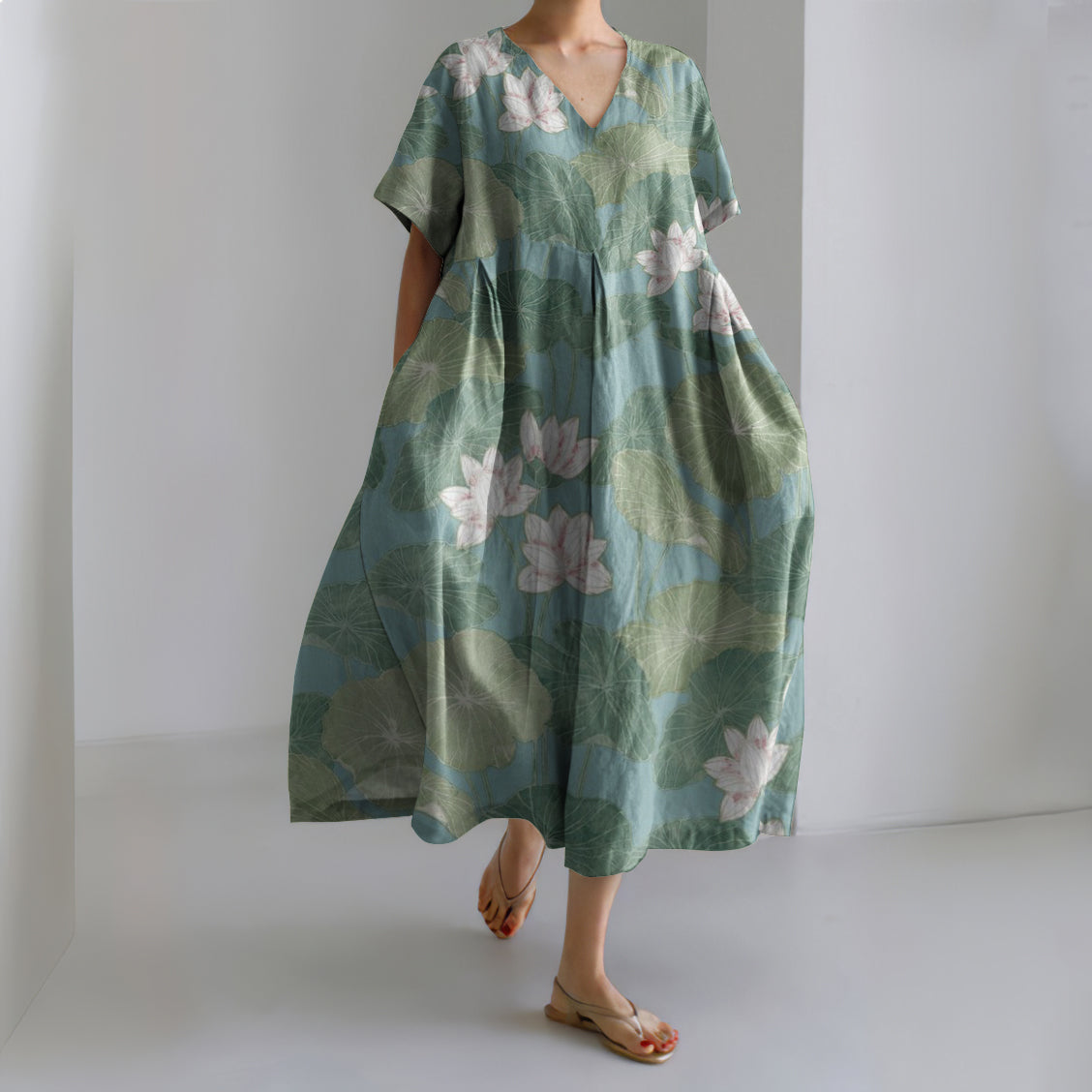 Comstylish Casual Water Lily Art Pattern V-Neck Dress